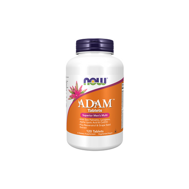 A white bottle of Now Foods ADAM Men's Multiple Vitamin, 120 tablets, features an orange and purple label—a premium men's multivitamin supplement.
